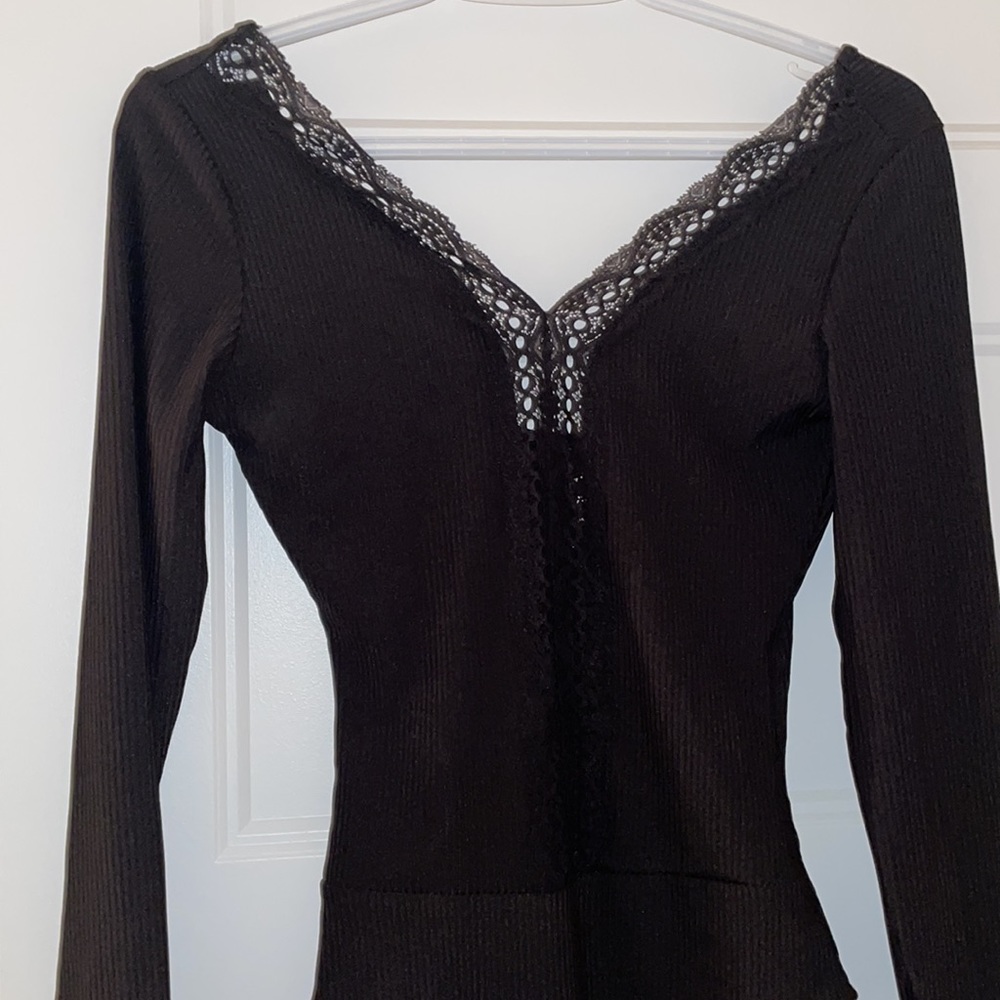 H&M Long Sleeve Black Bodysuit with Lace Trim, Size Small